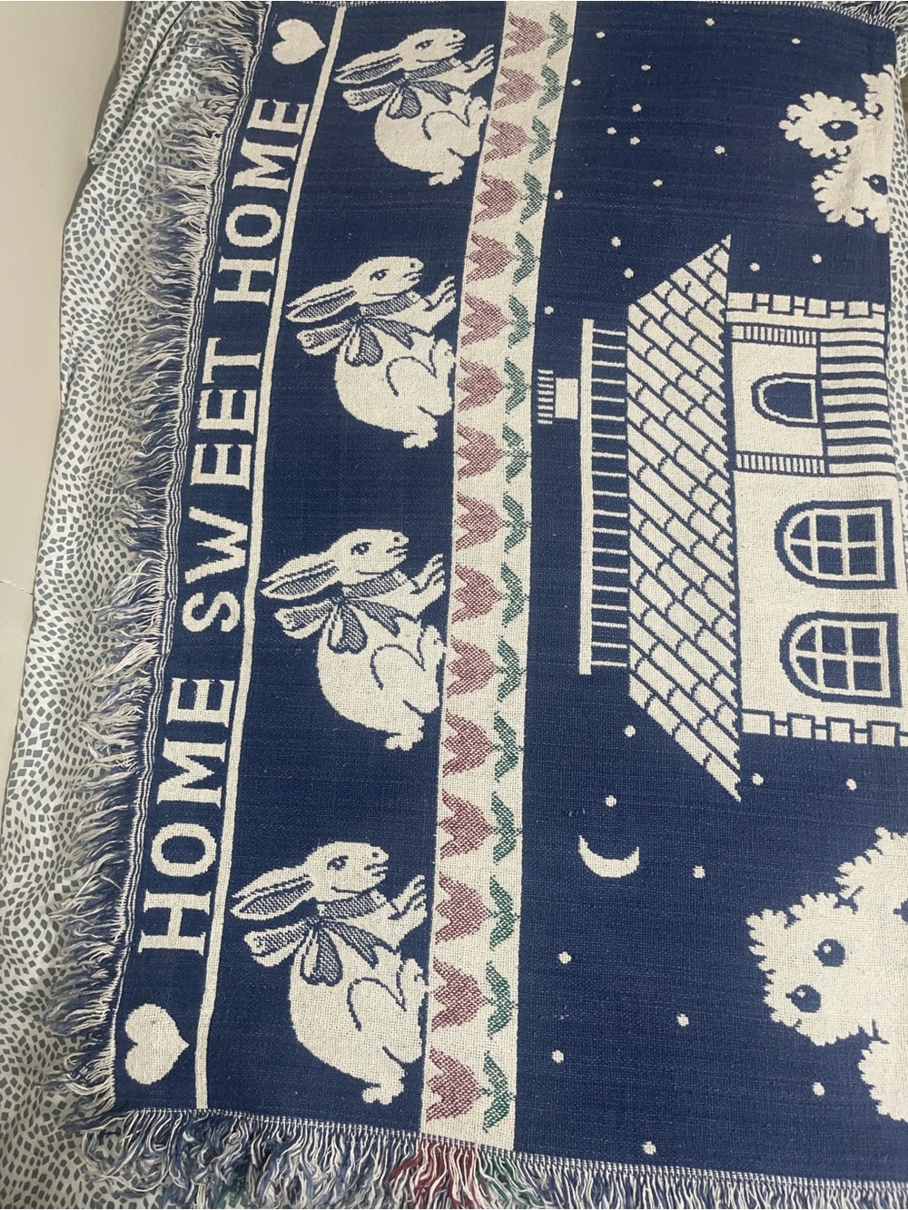 Vintage 80s Crown Crafts Home Sweet Home Cotton Blanket Farmhouse Geese Sheep